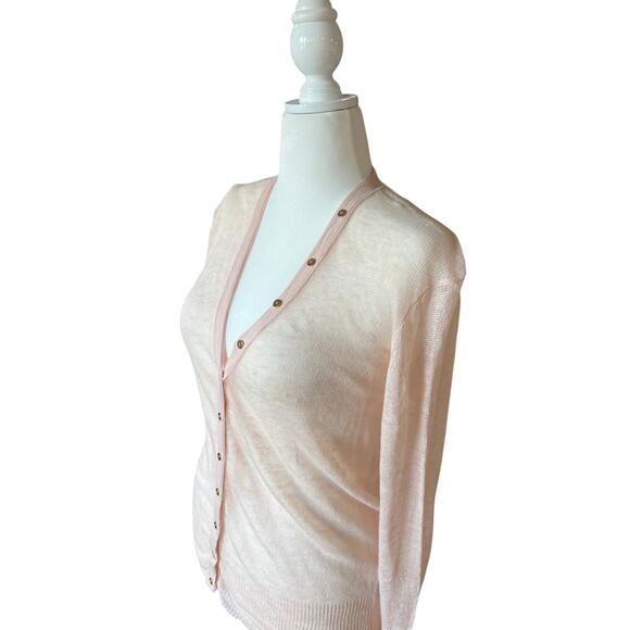 J Crew Sheer Pastel Pink 100% Linen Cardigan Sweater Women's Size M Quiet Luxury - Picture 2 of 8